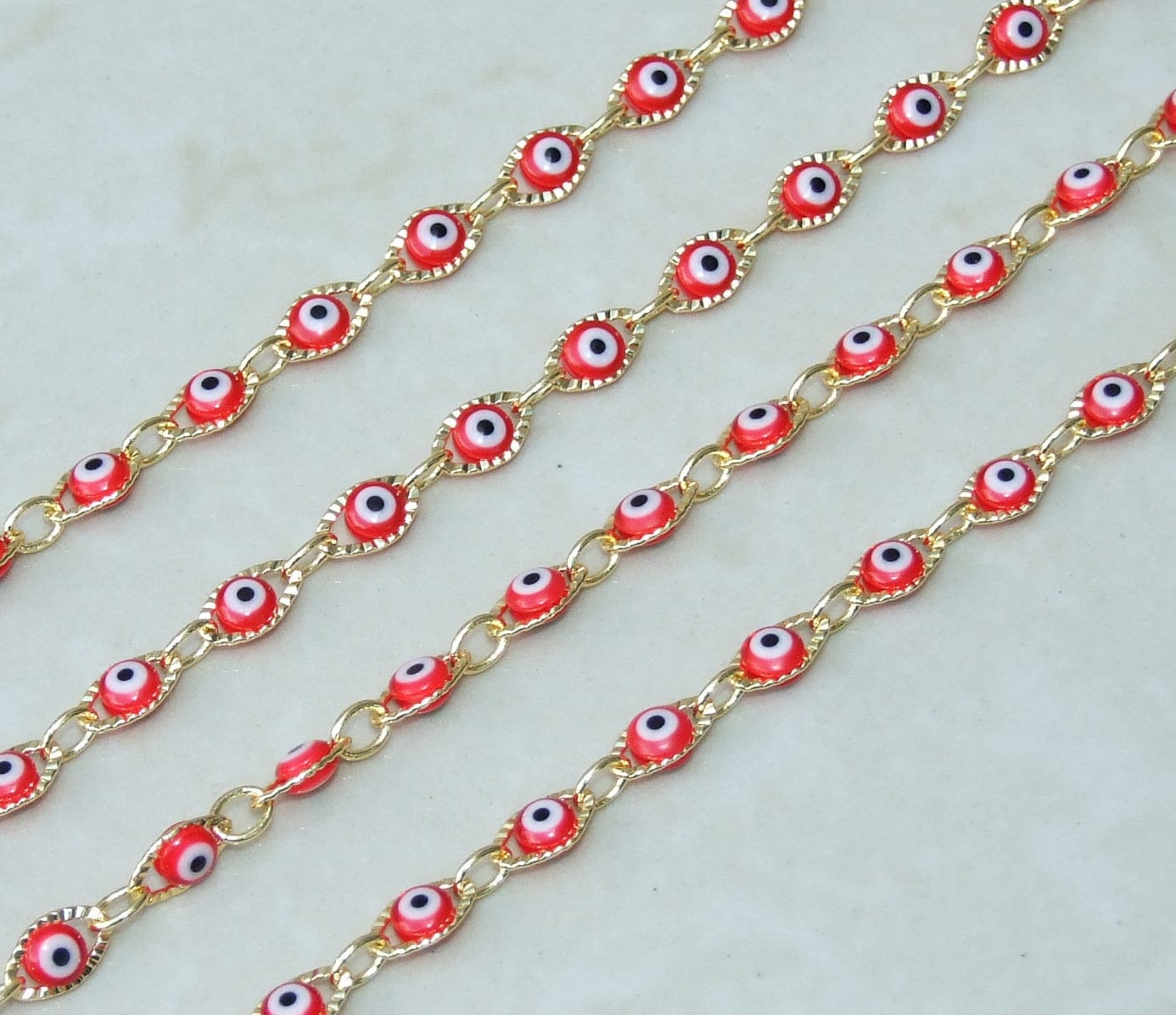 Red Glass Evil Eye Rosary Chain, Bulk Chain, Marquee Bead, Beaded Chain, Body Chain Jewelry, Gold Chain, Necklace Chain, Belly Chain