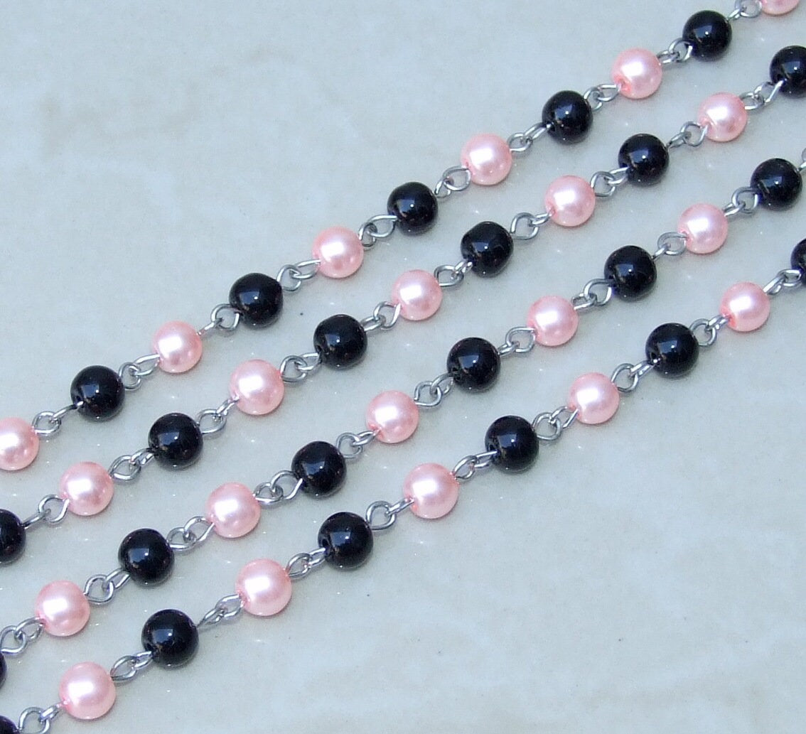 Black & Pink Pearl Rosary Chain, 1 Meter, Glass Beads, Beaded Chain, Body Chain Jewelry, Silver Chain, Necklace Chain, Belly Chain, 6mm, 402