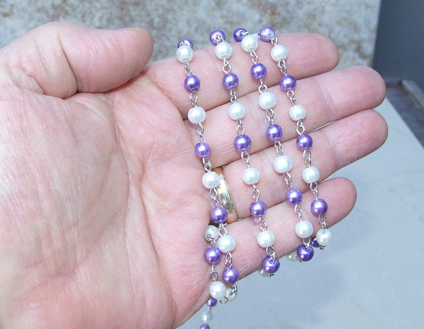 White & Purple Pearl Rosary Chain, 1 Meter, Glass Beads, Beaded Chain, Body Chain Jewelry, Silver Chain, Necklace Chain, Belly Chain, 6mm206