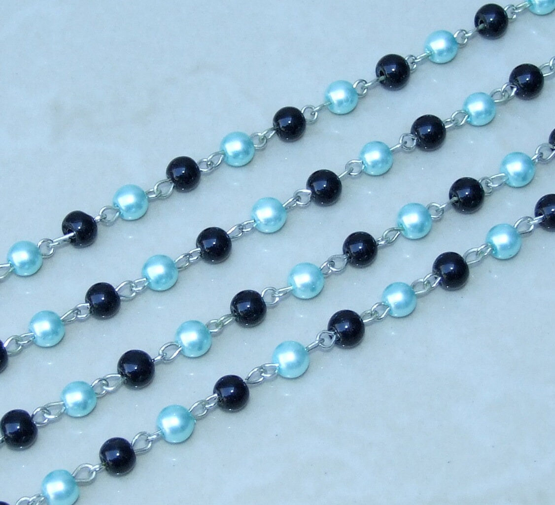 Blue & Black Pearl Rosary Chain, 1 Meter, Glass Beads, Beaded Chain, Body Chain Jewelry, Silver Chain, Necklace Chain, Belly Chain, 6mm, 401