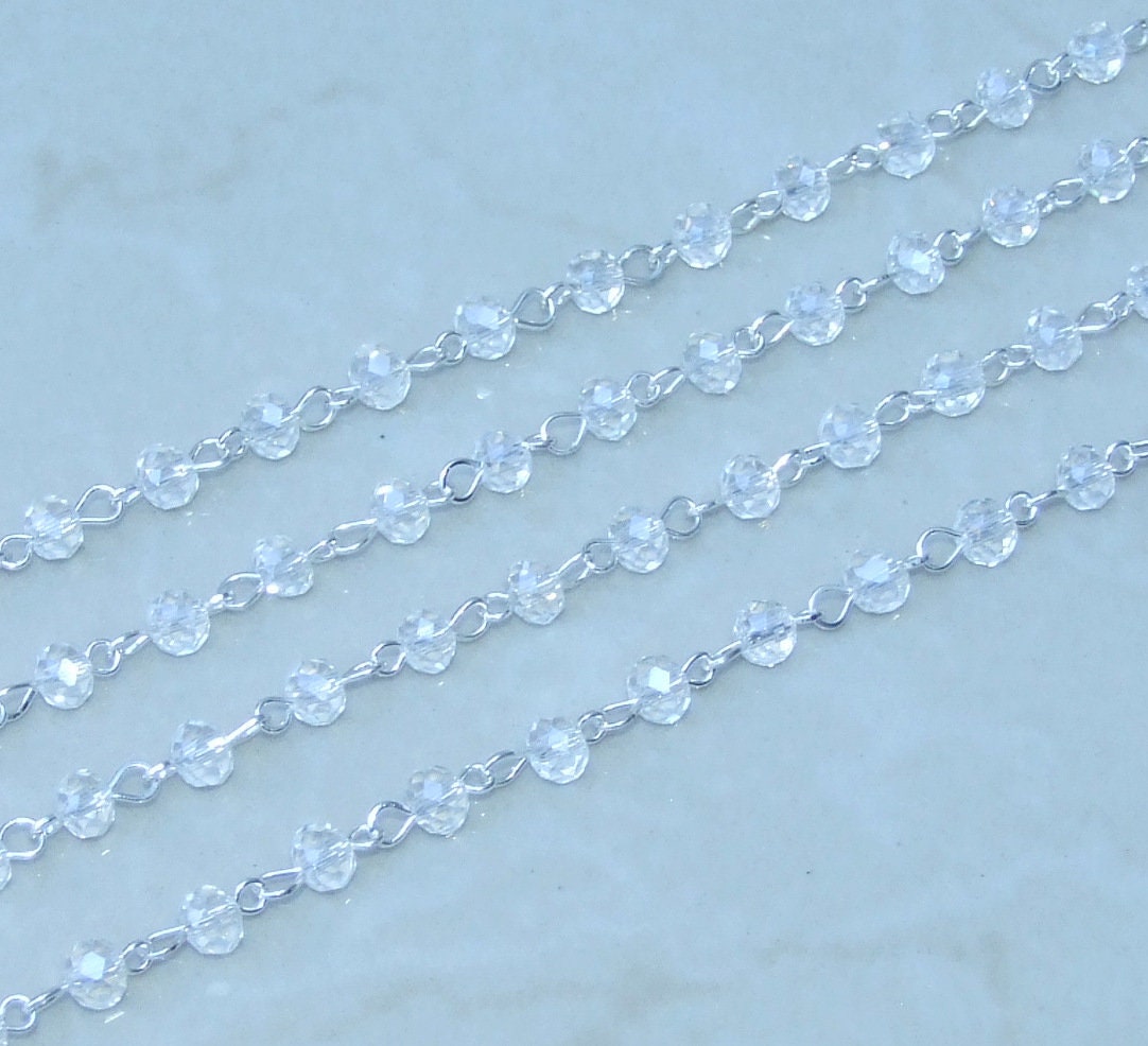 Clear Faceted Glass Bead Rosary Chain, 1 Meter, Beaded Chain, Body Chain Jewelry, Silver Chain, Necklace Chain, Belly Chain, 6mm x 8mm, 001