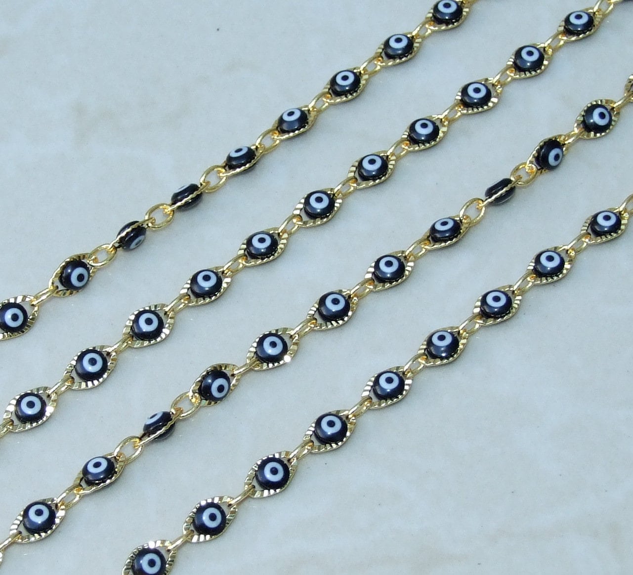 Black Glass Evil Eye Rosary Chain, Bulk Chain, Marquee Bead, Beaded Chain, Body Chain Jewelry, Gold Chain, Necklace Chain, Belly Chain