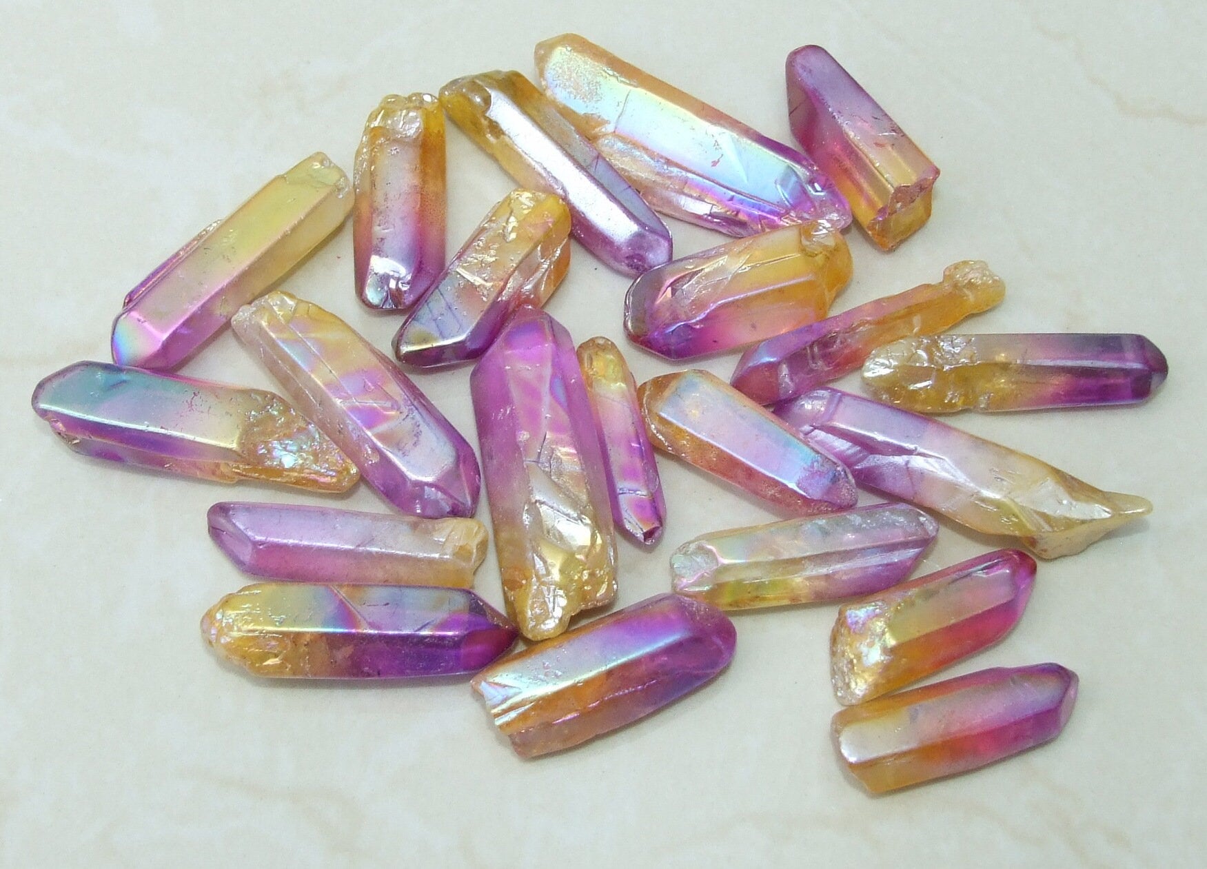5 Lightly Polished Undrilled Bulk Aura Quartz Crystals Points, Titanium Quartz, Gemstone Beads, Pendant, Wand, Healing Quartz, 35-50+mm