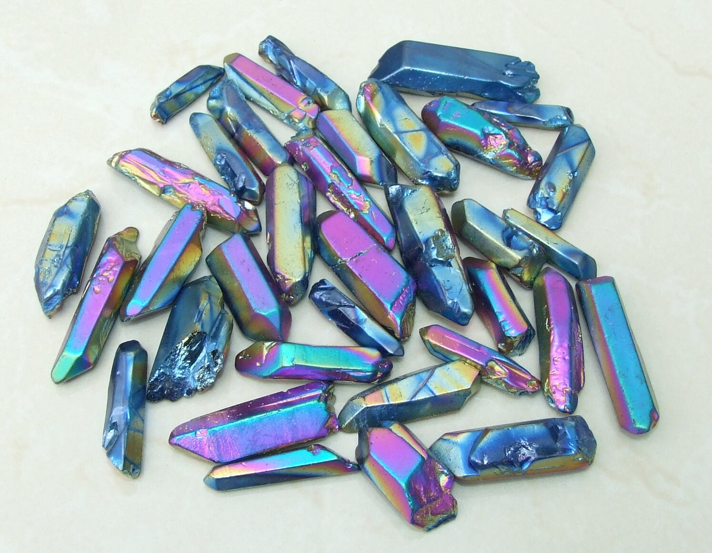 7 Lightly Polished Undrilled Bulk Aura Quartz Crystals Points, Titanium Quartz, Gemstone Beads, Pendant, Wand, Healing Quartz, 35-45+mm