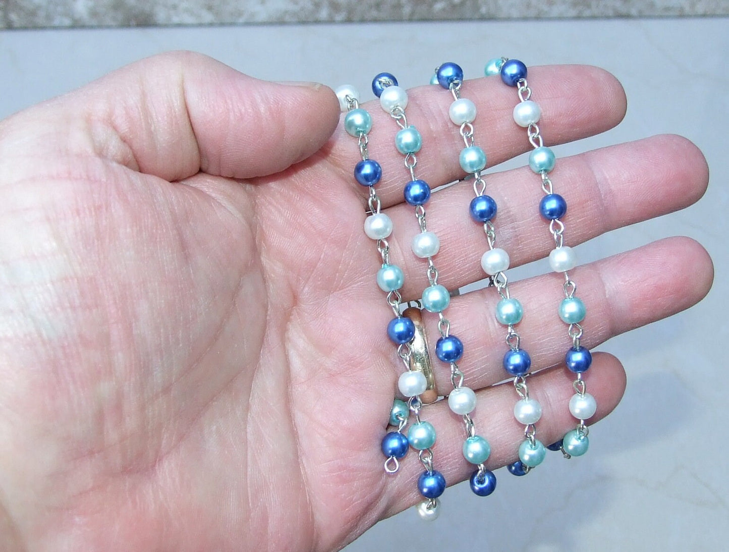 White & Blue Pearl Rosary Chain, 1 Meter, Glass Beads, Beaded Chain, Body Chain Jewelry, Silver Chain, Necklace Chain, Belly Chain, 6mm, 303