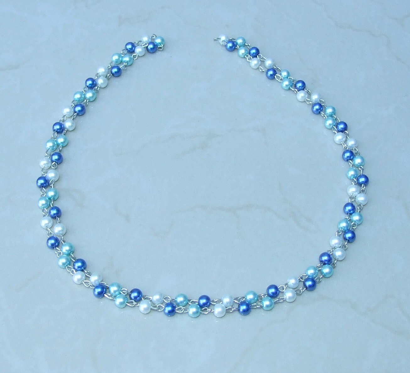 White & Blue Pearl Rosary Chain, 1 Meter, Glass Beads, Beaded Chain, Body Chain Jewelry, Silver Chain, Necklace Chain, Belly Chain, 6mm, 303