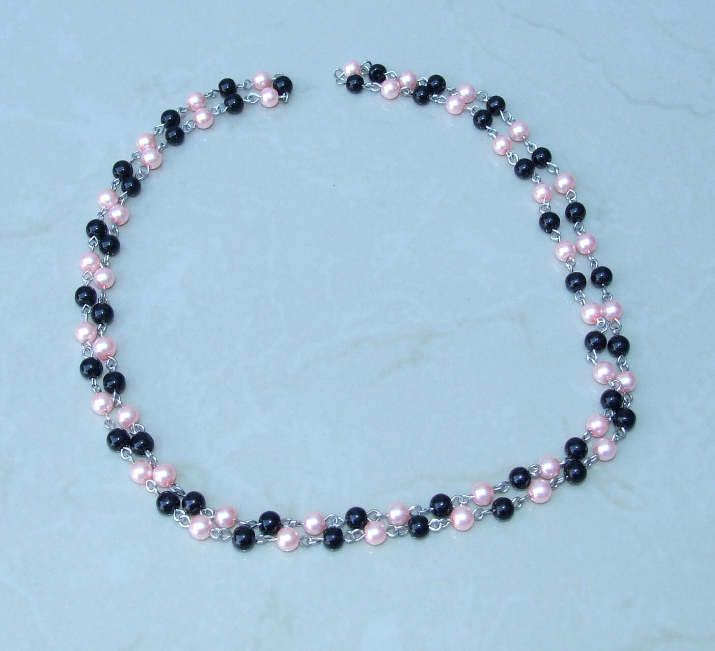 Black & Pink Pearl Rosary Chain, 1 Meter, Glass Beads, Beaded Chain, Body Chain Jewelry, Silver Chain, Necklace Chain, Belly Chain, 6mm, 402