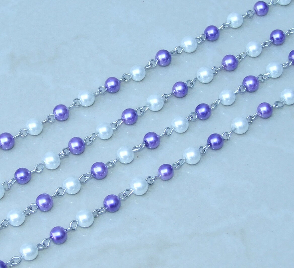 White & Purple Pearl Rosary Chain, 1 Meter, Glass Beads, Beaded Chain, Body Chain Jewelry, Silver Chain, Necklace Chain, Belly Chain, 6mm206