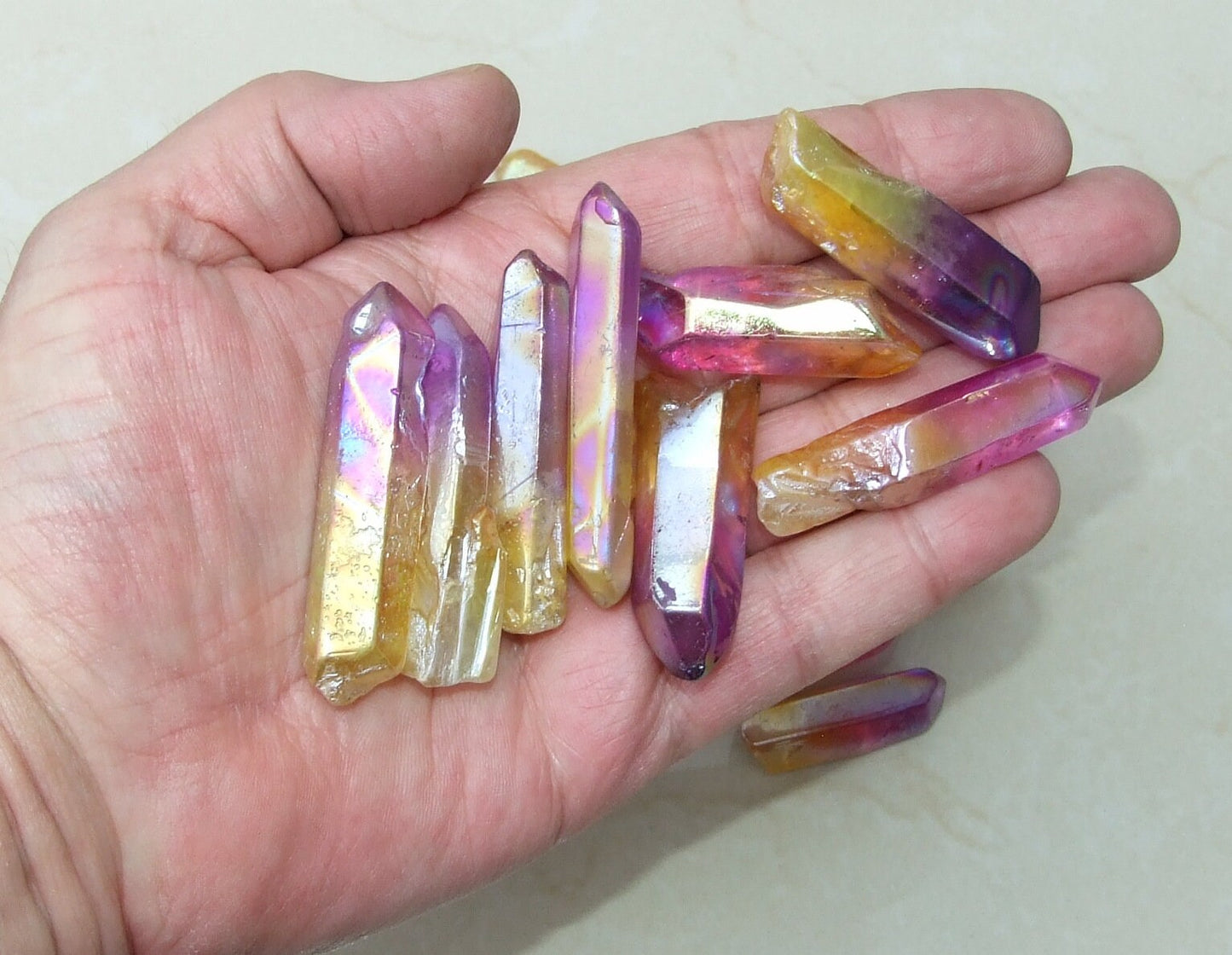 5 Lightly Polished Undrilled Bulk Aura Quartz Crystals Points, Titanium Quartz, Gemstone Beads, Pendant, Wand, Healing Quartz, 35-50+mm