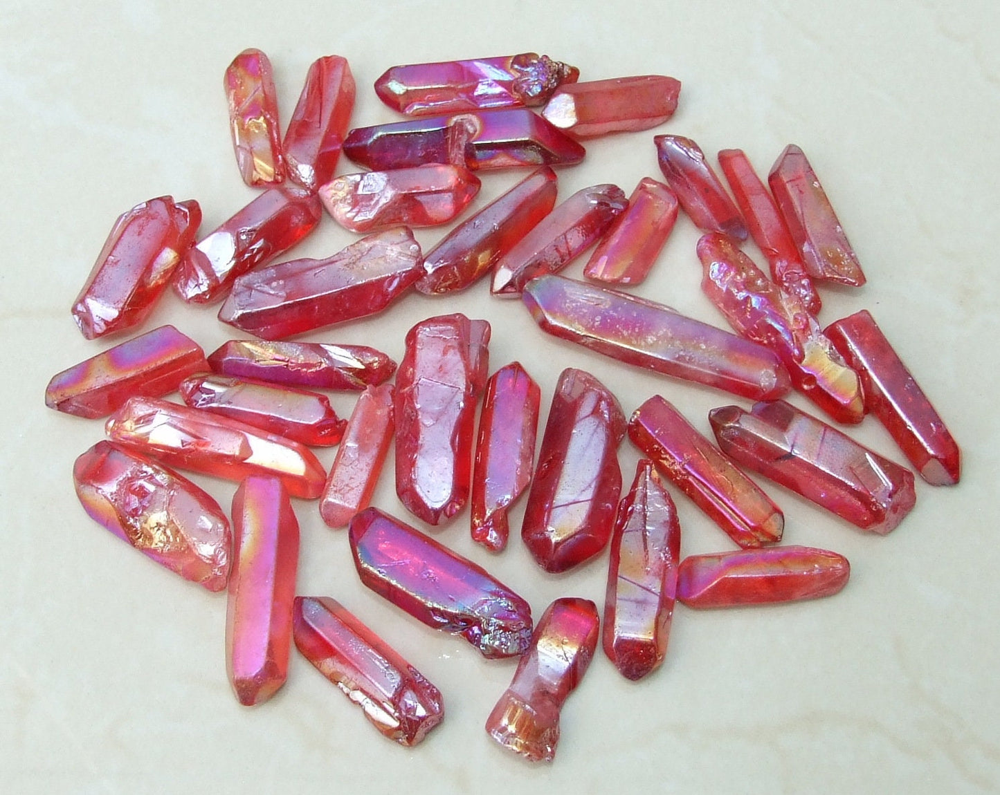 10 Lightly Polished Undrilled Angel Aura AB Quartz Crystals Points, Titanium Quartz, Gemstone Beads, Pendant, Wand, Healing Quartz, 25-40mm