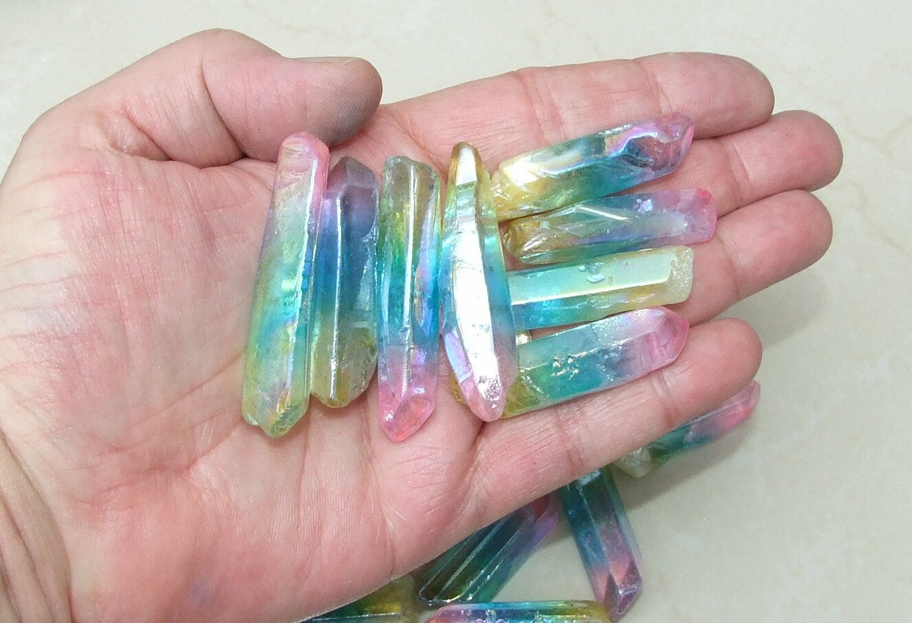 6 Lightly Polished Undrilled Angel Aura Quartz Crystals Points, Titanium Quartz, Gemstone Beads, Pendant, Wand, Healing Quartz, 35-50+mm