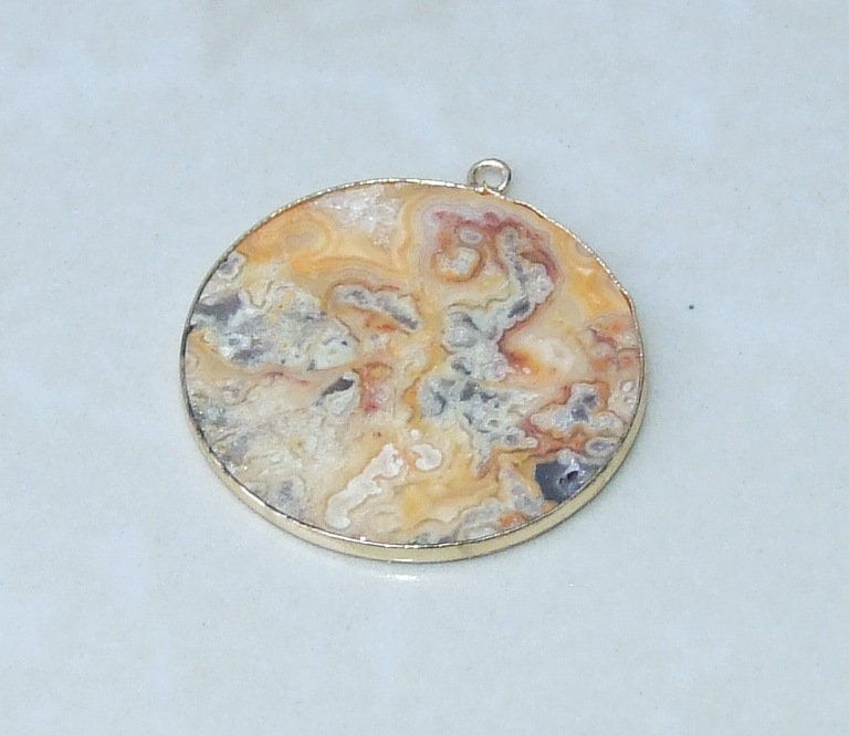 Crazy Lace Agate Pendant, Gemstone Pendant, Mexican Agate, Thin Agate Slice, Polished Agate, Round, Gold Bezel, Jewelry Stones, 31mm - 8140