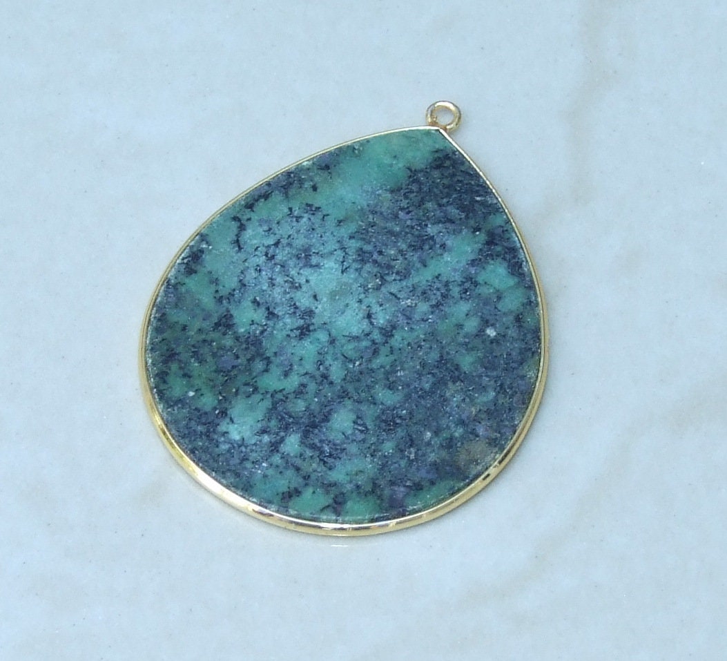 African Turquoise Pendant, Gemstone Pendant, Slice Pendant, Gold Plated Bezel and Bail, Teardrop Pendant, Thin and Polished - 32mm x 38mm