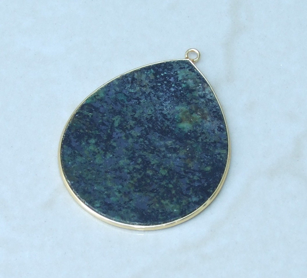 African Turquoise Pendant, Gemstone Pendant, Slice Pendant, Gold Plated Bezel and Bail, Teardrop Pendant, Thin and Polished - 32mm x 38mm