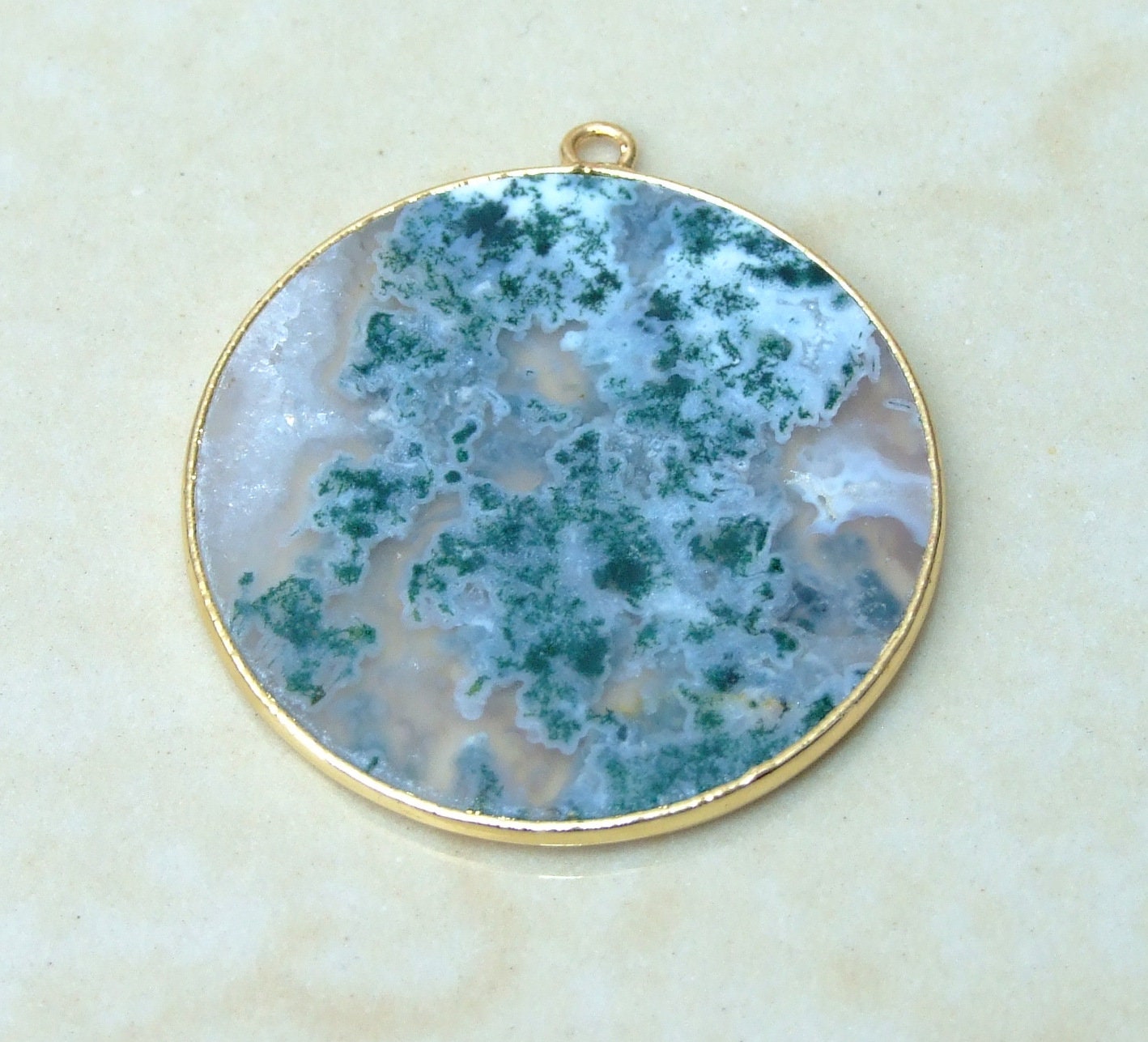Moss Agate Pendant, Gemstone Pendant, Thin Agate Slice, Polished Agate, Round, Gold Bezel, Jewelry Stones, Necklace Pendant, 30mm