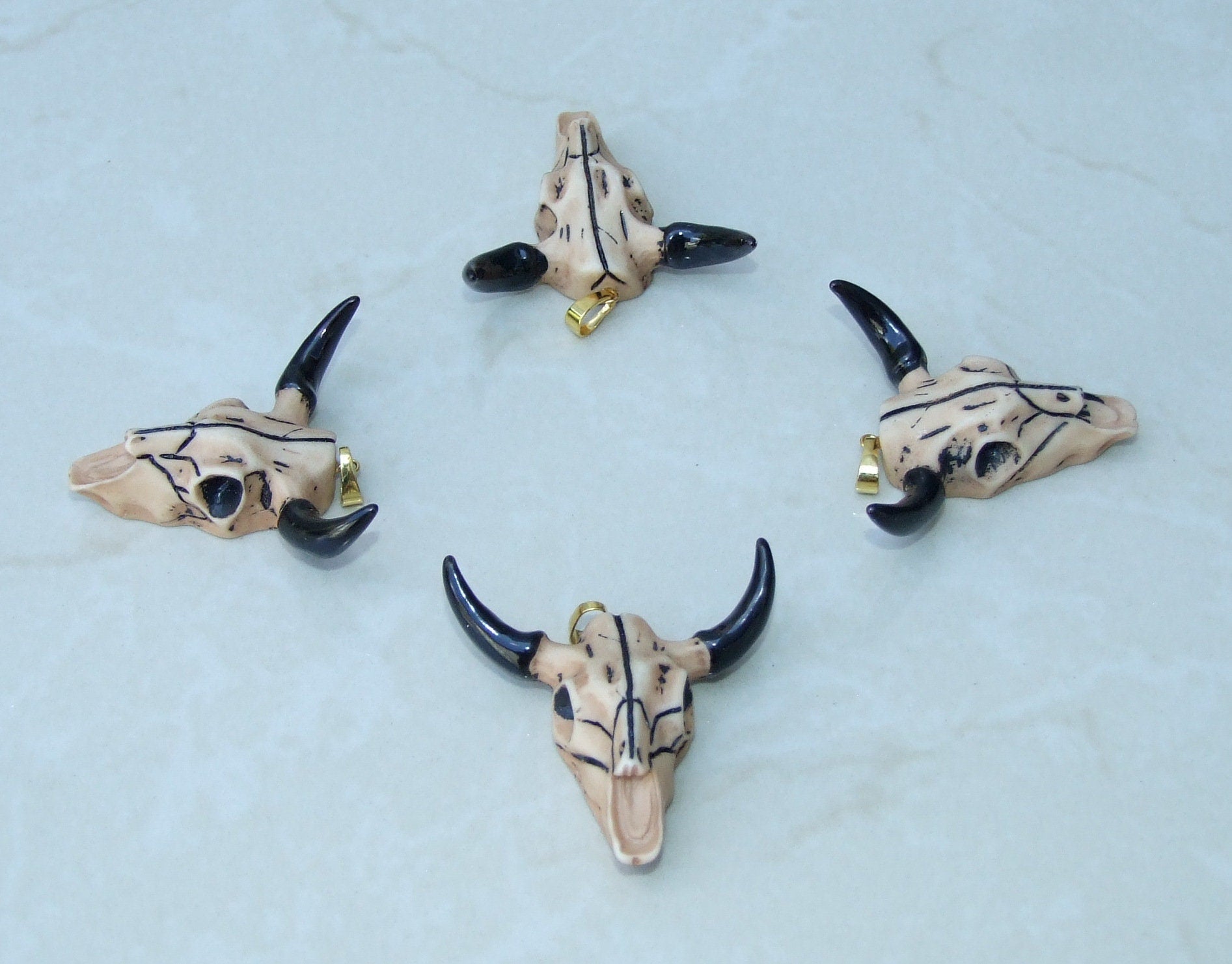 Longhorn Cattle Skull Pendant, Skull Pendant, Buffalo Skull Pendant, Cow Horn, Charm, Football, Sports, Gold Plated - 45mm x 45mm