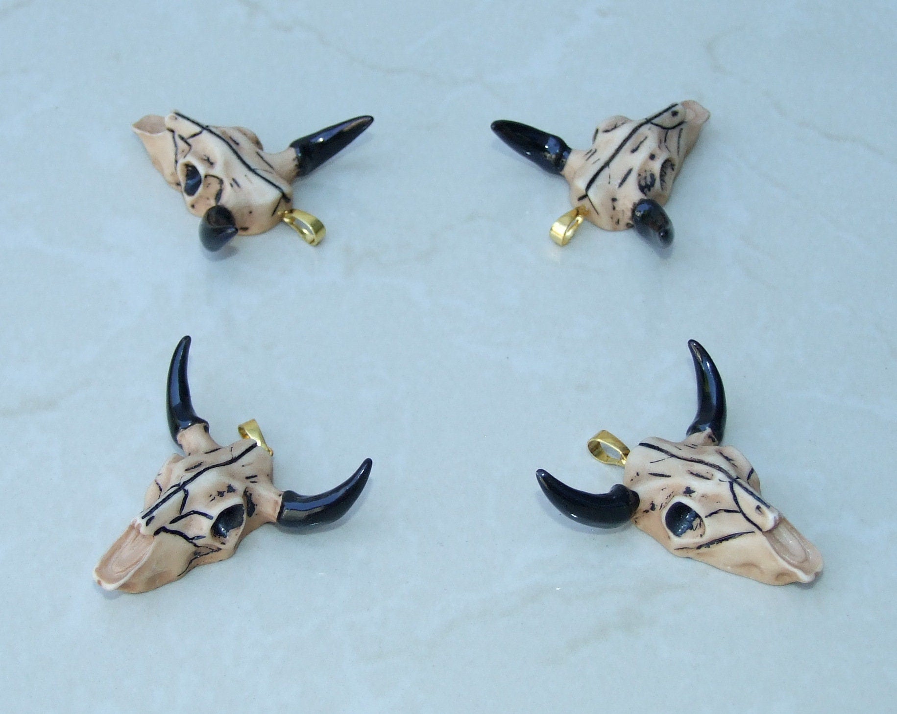 Longhorn Cattle Skull Pendant, Skull Pendant, Buffalo Skull Pendant, Cow Horn, Charm, Football, Sports, Gold Plated - 45mm x 45mm