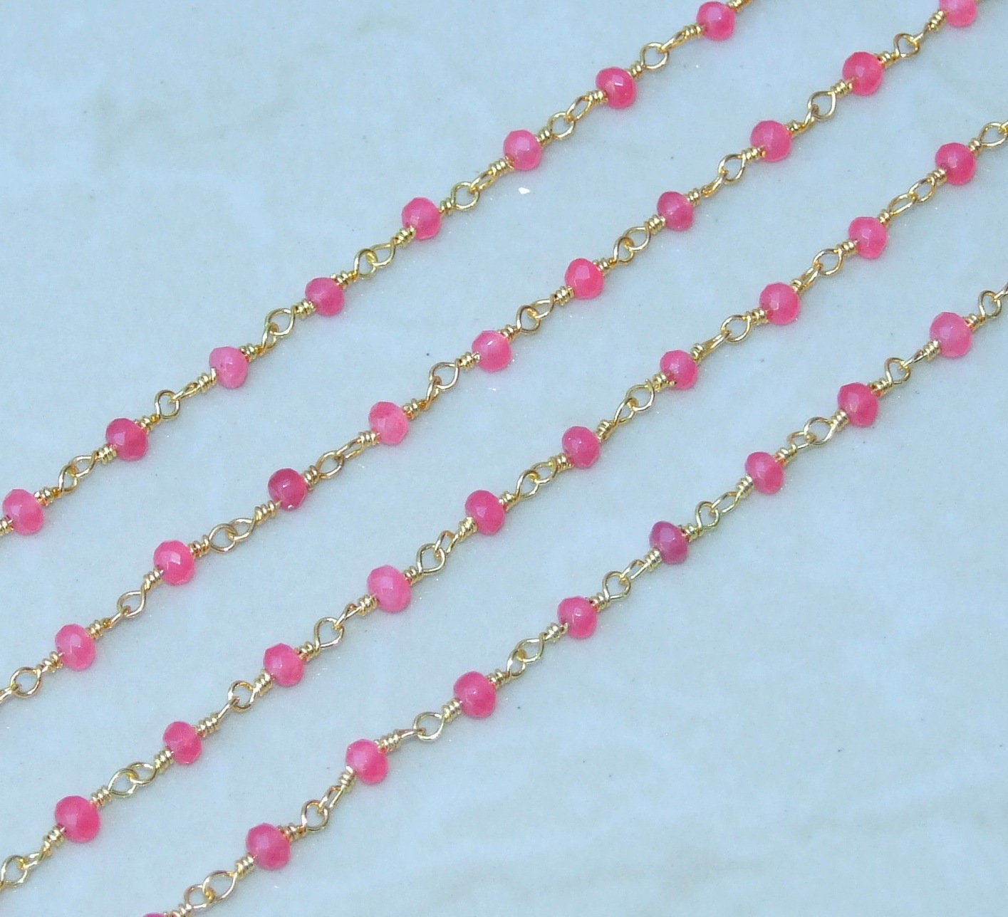 Pink Jade Faceted Rondelle Bead Rosary Chain, Bulk Chain, Wire Wrapped, Beaded Chain, Body Chain, Gold Chain, Necklace Chain, Belly Chain