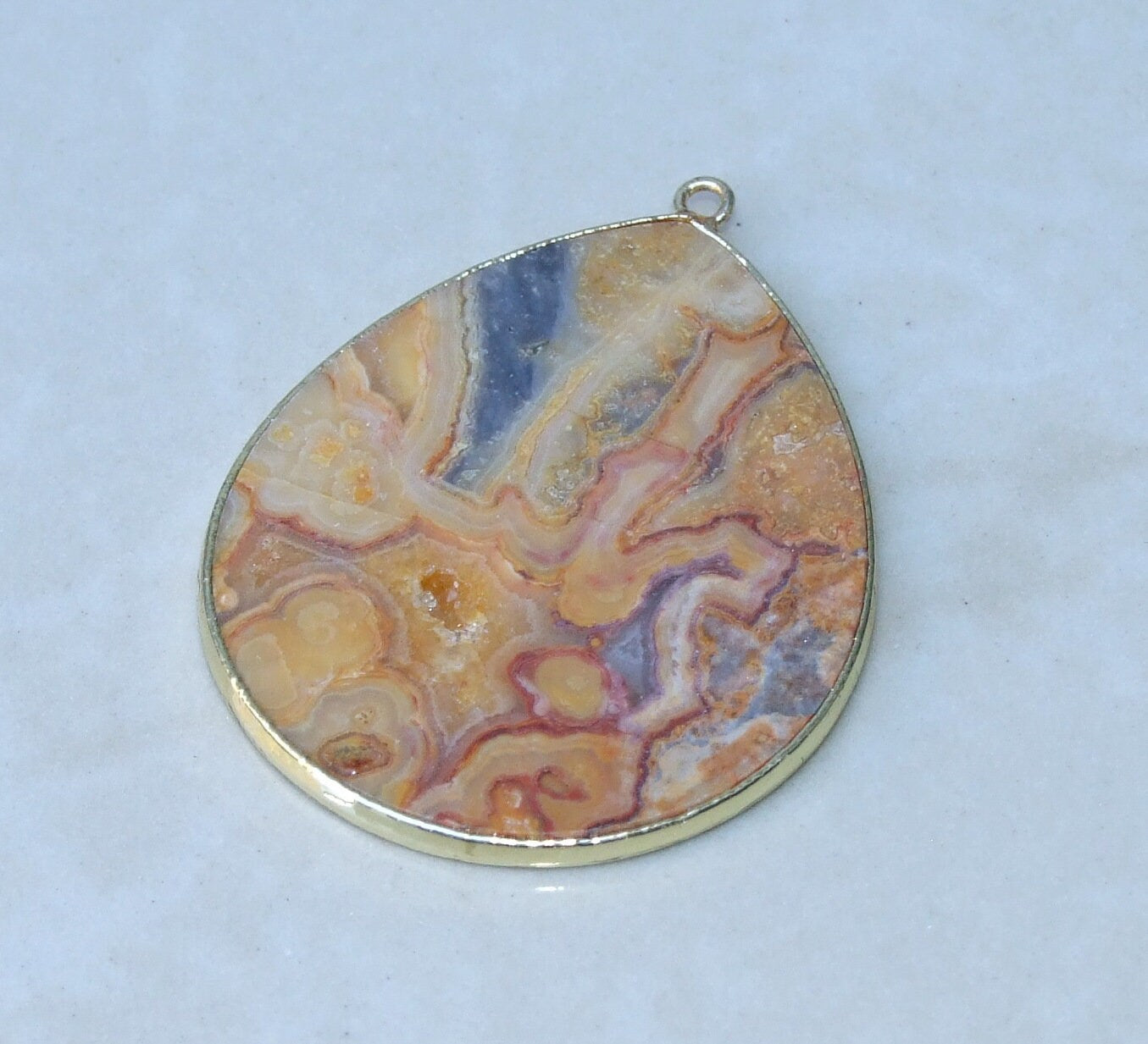 Crazy Lace Agate Pendant, Gemstone Pendant, Mexican Agate, Thin Agate Slice, Polished Agate, Teardrop, Gold Bezel, 30mm x 40mm