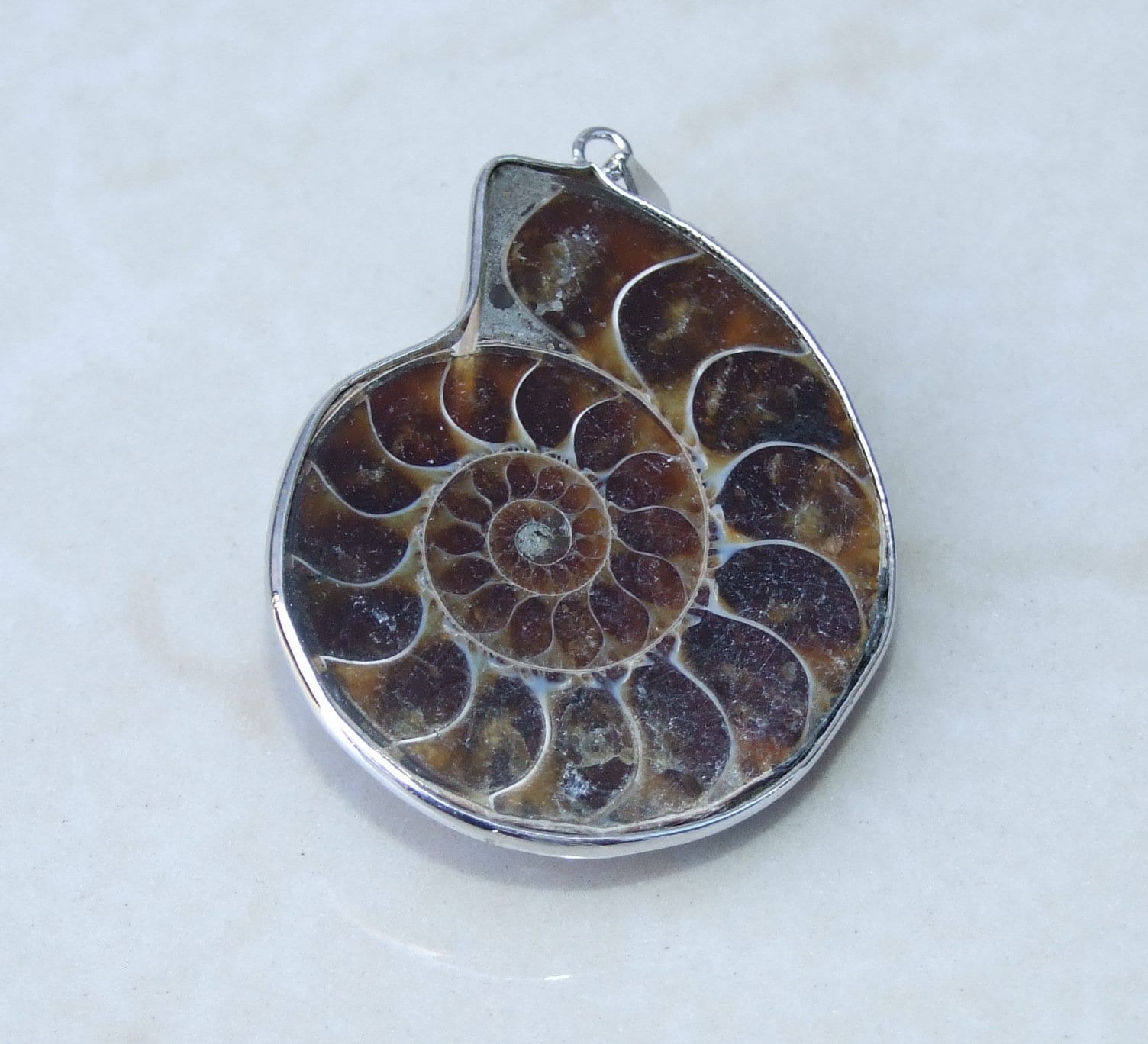 Ammonite Pendant, Fossil Pendant, Shell Pendant, Gemstone Pendant, Ammonite Slice, Nautilus Fossil, Silver Bezel & Bail, 35mm x 43mm, 9407