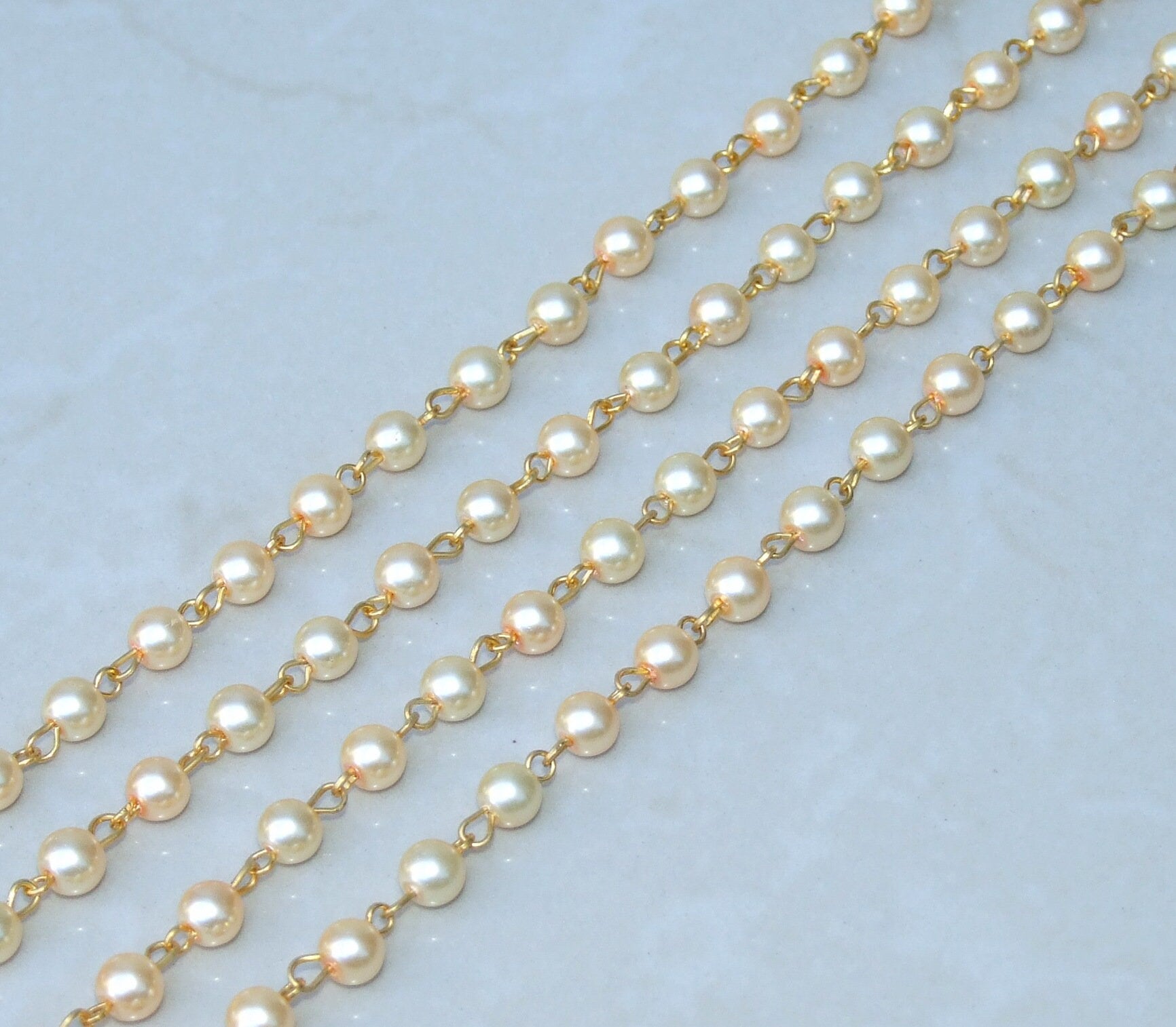 Gold Pearl Rosary Chain, 1 Meter, Bulk Chain, Round Glass Beads, Beaded Chain, Body Chain, Gold Chain, Necklace Chain, Belly Chain, 6mm