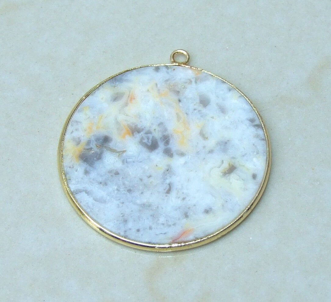 Crazy Lace Agate Pendant, Gemstone Pendant, Mexican Agate, Thin Agate Slice, Polished Agate, Round, Gold Bezel, Jewelry Stones, 30mm