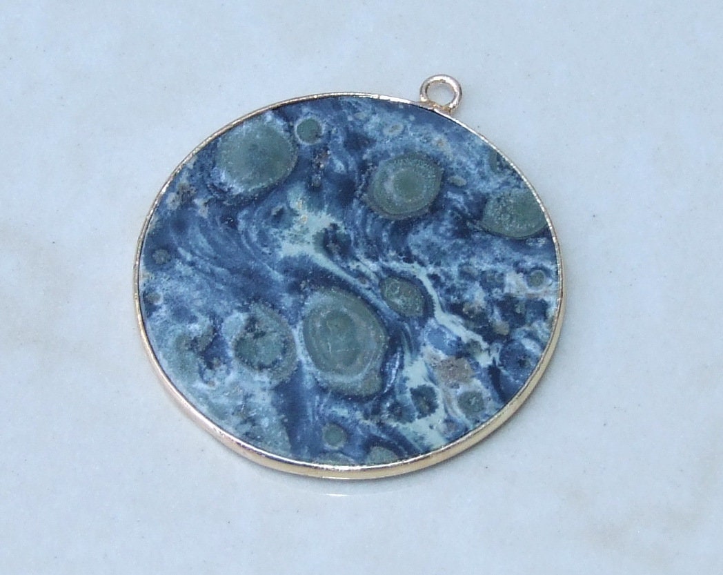 Kambaba Jasper Pendant, Gemstone Pendant, Fossilized Algae Slice, Thin, Polished, Round, Gemstone Beads, Jasper Jewelry, Gold Bezel - 30mm