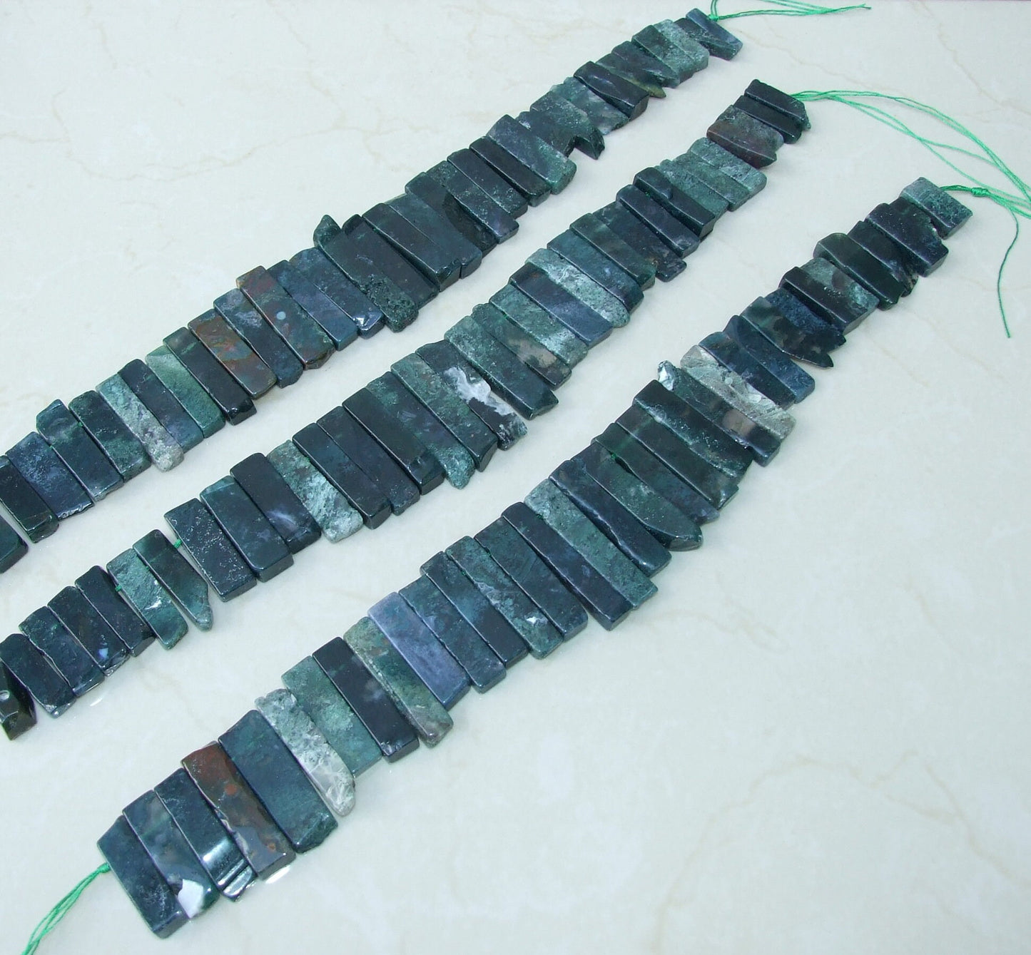 Moss Agate Slab Slice Stick Teeth, Graduated, Gemstone Beads, Polished, Gemstone Pendant, Loose Jewelry Stone, Half Strand - 25mm - 50mm