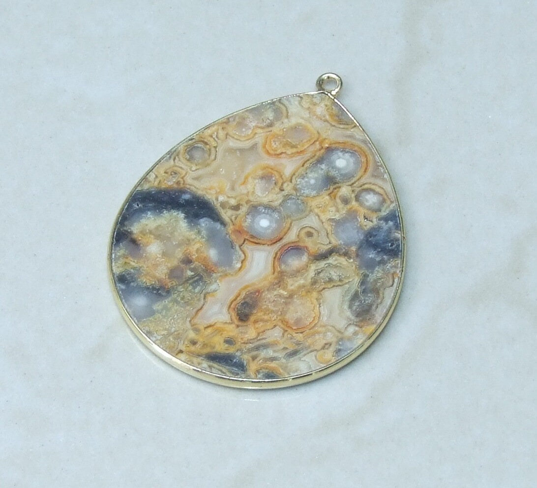 Crazy Lace Agate Pendant, Gemstone Pendant, Mexican Agate, Thin Agate Slice, Polished Agate, Teardrop, Gold Bezel, 30mm x 40mm