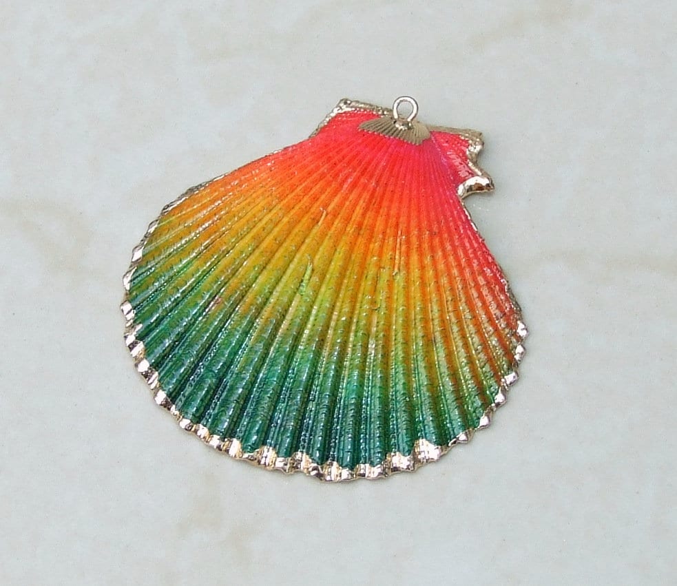 Hand Painted Scallop Shell Pendant, Gold Edge Loop, Natural Seashell, Ocean Shell Necklace, Beach Jewelry, Ocean Seashell, 42mm, 52mm 05D