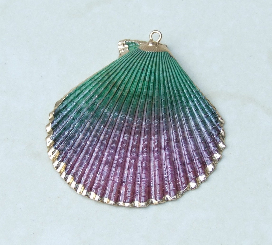 Hand Painted Scallop Shell Pendant, Gold Edge Loop, Natural Seashell, Sea Shell, Shell Necklace, Beach Jewelry, Ocean Seashell, 42-48mm 05H