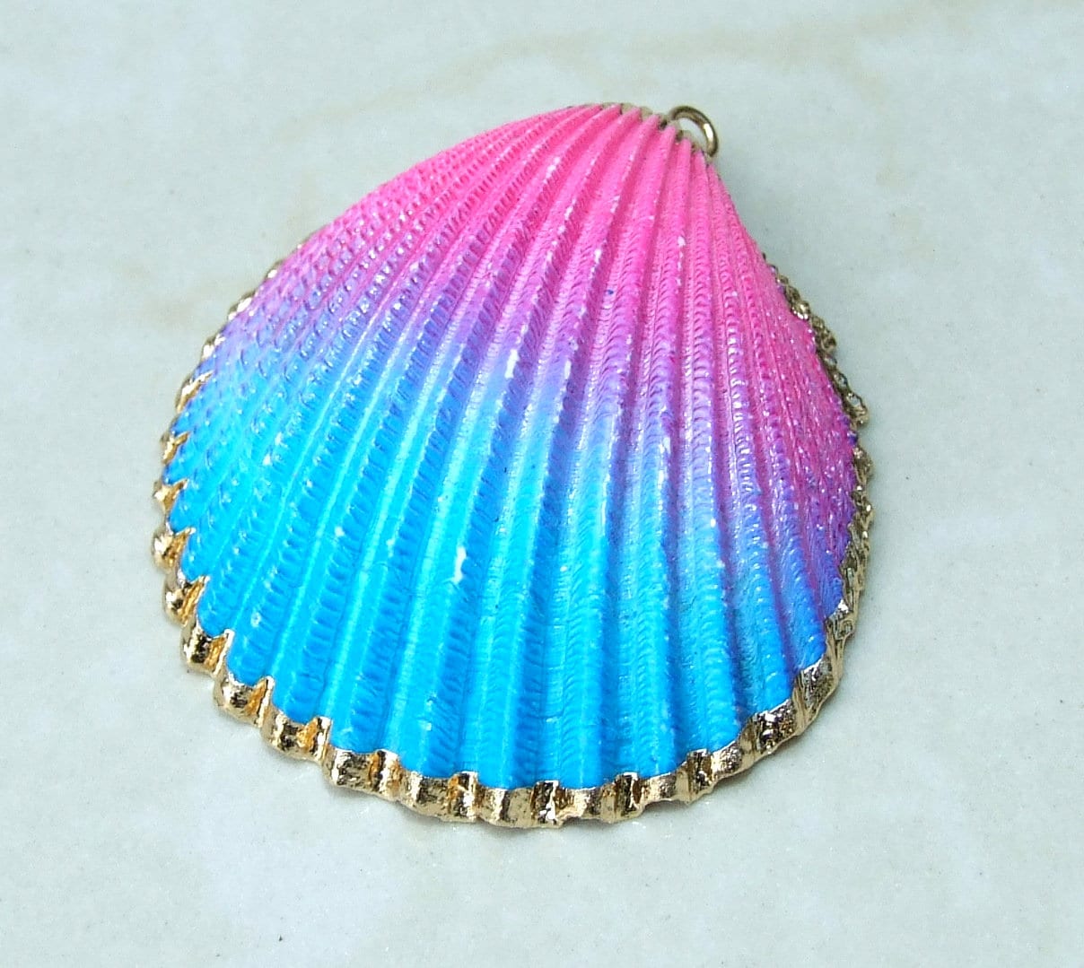 Hand Painted Natural Sea Shell Pendant, Seashell Bead, Shell Pendant, Charm, Clam Shell, Shell Jewelry, Pink and Blue - 35-40mm - 04A