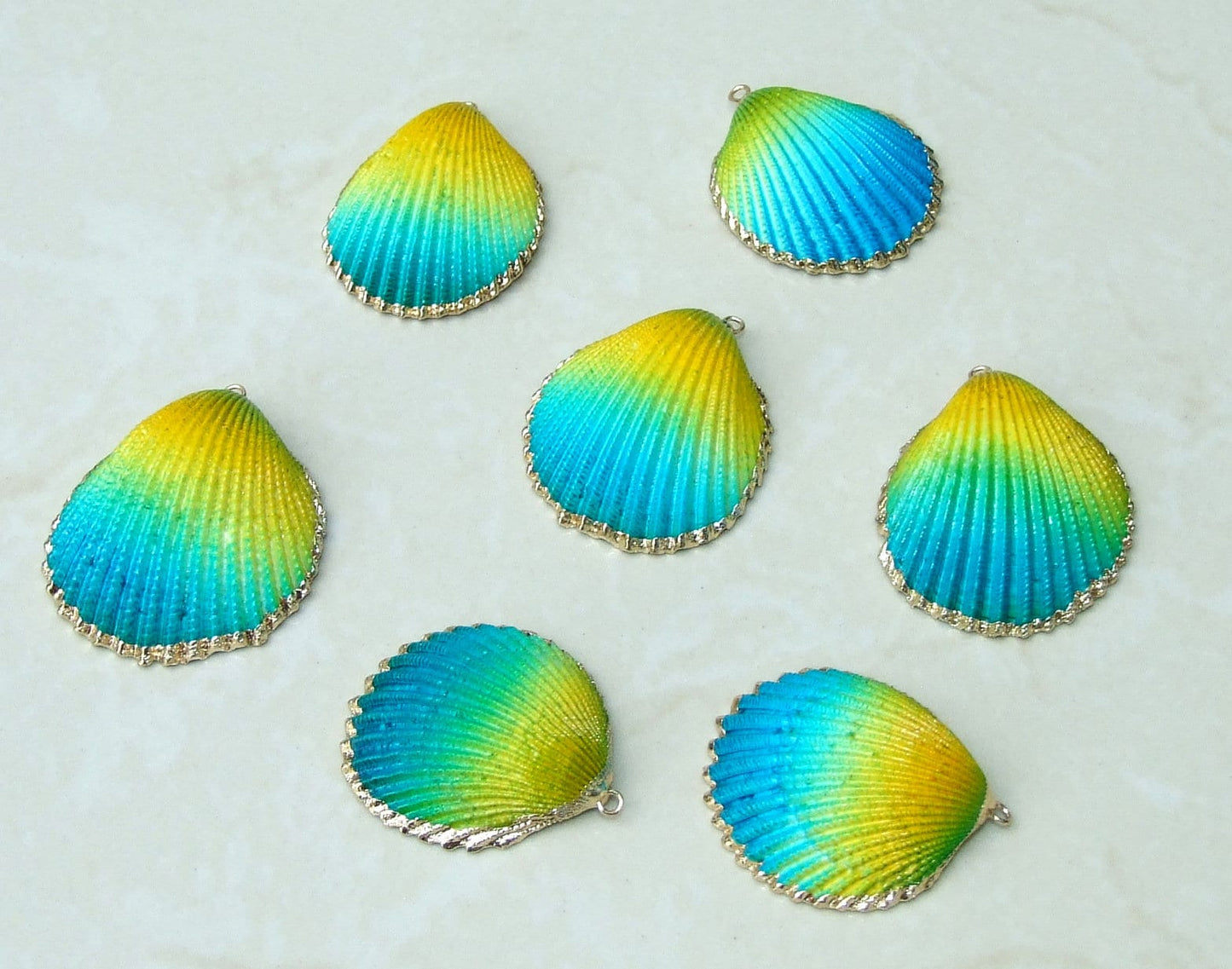 Hand Painted Natural Sea Shell Pendant, Seashell Bead, Shell Pendant, Charm, Clam Shell, Shell Jewelry, Yellow and Blue - 35-40mm - 04C