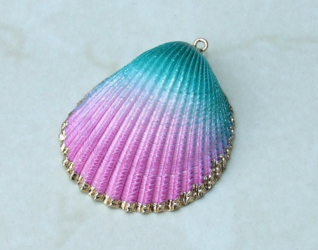 Hand Painted Natural Sea Shell Pendant, Seashell Bead, Shell Pendant, Charm, Clam Shell, Shell Jewelry, Pink and Green - 35-40mm - 04B