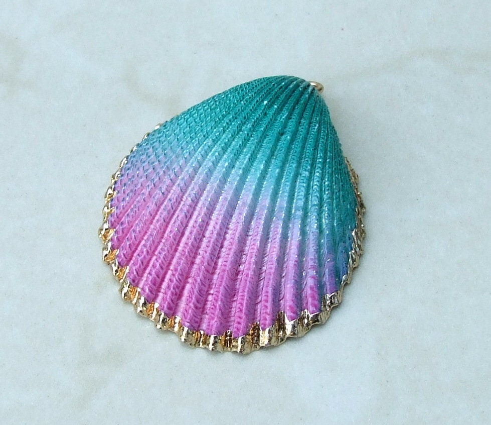 Hand Painted Natural Sea Shell Pendant, Seashell Bead, Shell Pendant, Charm, Clam Shell, Shell Jewelry, Pink and Green - 35-40mm - 04B