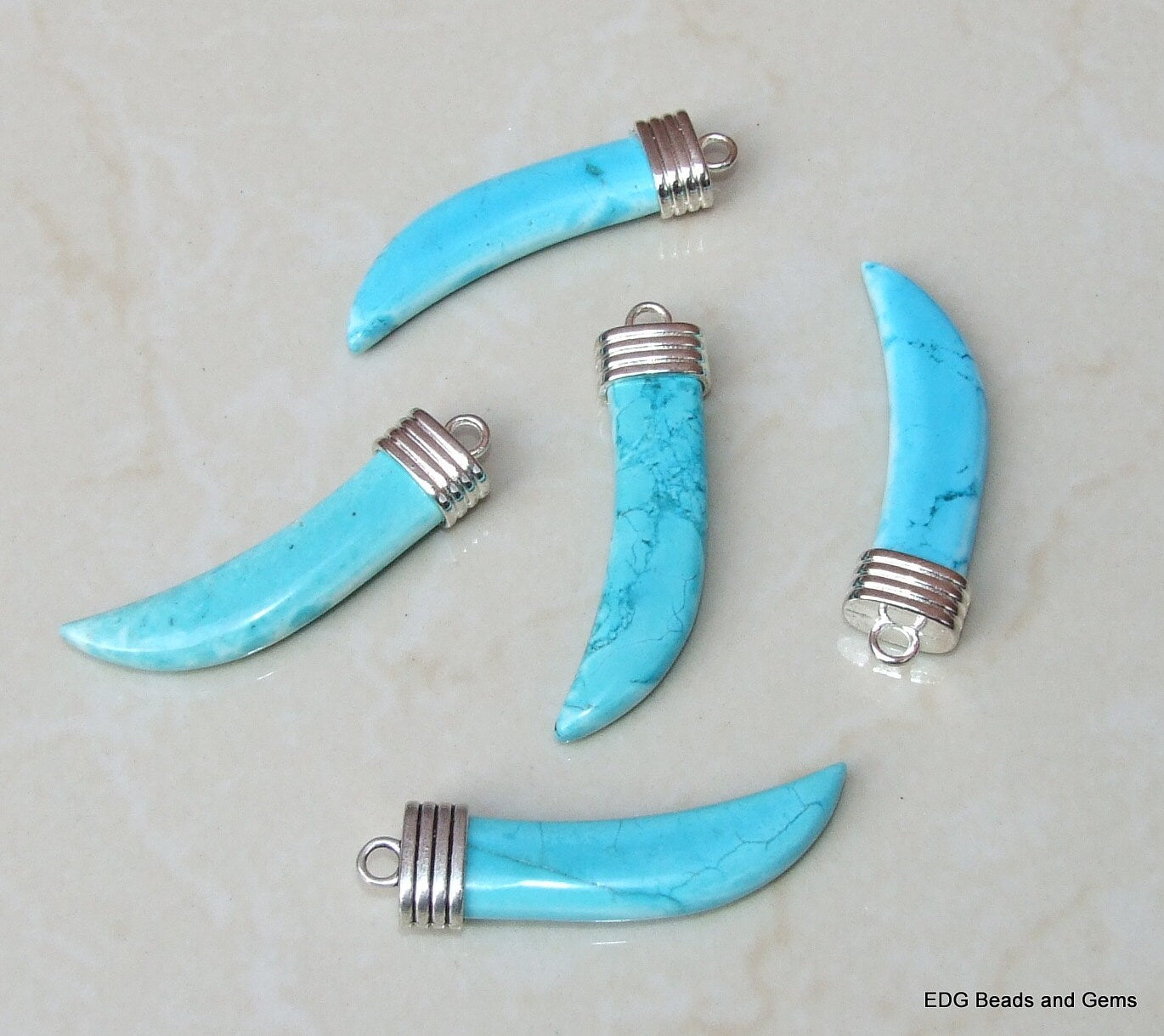 Turquoise Blue Howlite Tusk Pendant - Horn Tusk Spike Pendant - 10mm x 15mm x 55mm - Silver Cap