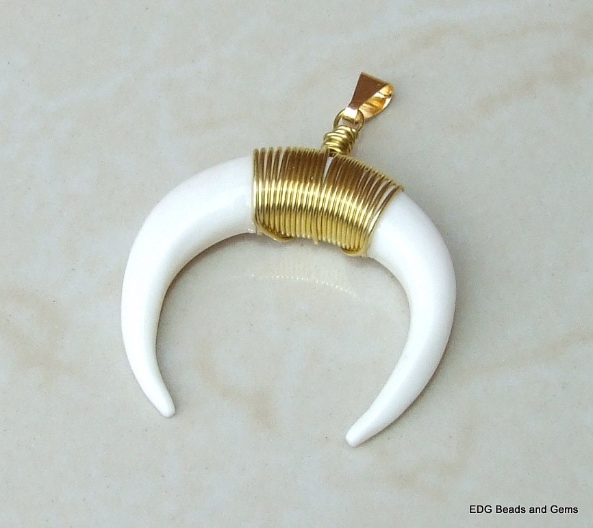Natural Ox Bone Horn Pendant. Wire Wrapped White Bone Horn Pendant - White Ox Bone - Double Horn - Gold Plated - 25mm x 30mm